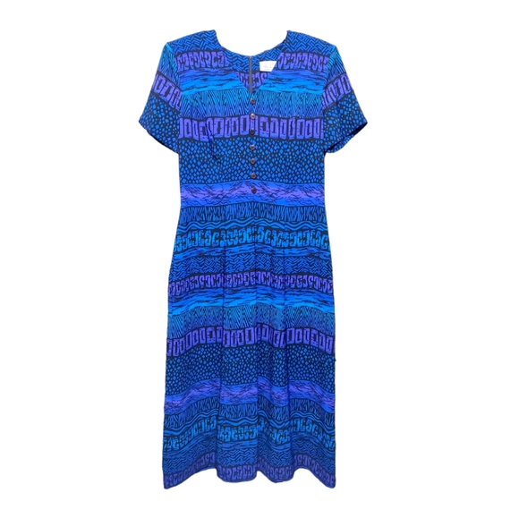 Kathy Lee Vintage Blue Purple 90s Print Short Sleeve Maxi Dress Women's Size 10 - Picture 1 of 6